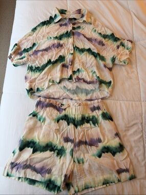 Zara Cream, Green & Teal Tie-Dye Short Set